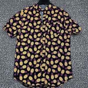 Straight Faded Button Up Shirt Men Medium Pineapple Print Short Sleeve Black M